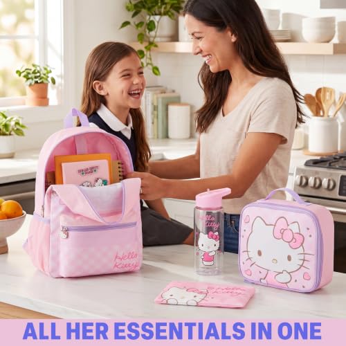 Get Trend Hello Kitty Girls Backpack, Lunch Bag, Pencil Case, Water Bottle | Sanrio 4 Pc Set, 18in Bookbag, Insulated Lunch Bag, Pencil Pouch & 16.9 fl oz BPA-Free Water Bottle, School, Gifts for Girls - color: Pink Hello Kitty
