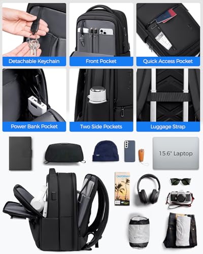 Fenree.geer Expandable Travel Laptop Backpack, 15.6 Inch Computer Backpack with USB Charging Port, Water Resistant Black Mens Laptop Bag - style: Travel Backpack