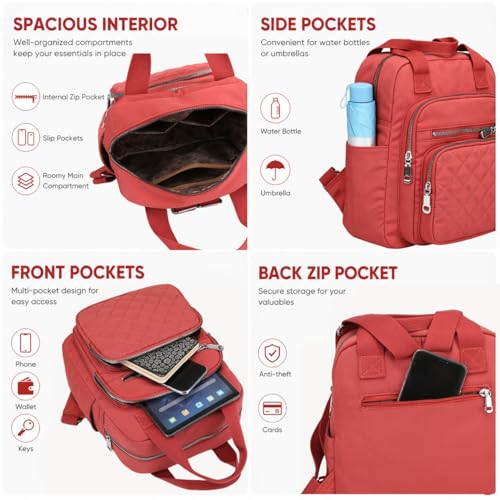Small Backpack for Women Casual Quilted Square Bag Waterproof Multi Pockets Daypack Lightweight Top Handle Satchel - color: Orange Red