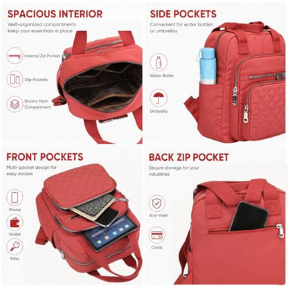 Small Backpack for Women Casual Quilted Square Bag Waterproof Multi Pockets Daypack Lightweight Top Handle Satchel - color: Orange Red