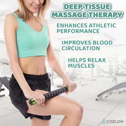 Muscle Roller Stick - Black Green - Hand Held Body Massager with 9 Rollers & Non-Slip Handles - Deep Tissue Massage & Maximum Muscle Recovery - Leg, Back, Arm, Thigh, Butt Sculpting Tool - by Cozlow - color: Black, Green