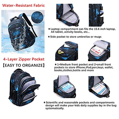 MITOWERMI Boys Backpacks for Primary Junior School Kids Backpack with Lunch Box Galaxy Space Bookbags for Boys Girls - color: #02 Galaxy-black Blue, style: 3 Pcs Set Backpack