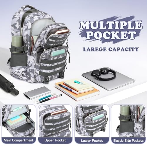 Camo Backpack for Boys, Tactical Boys Backpack with Lunch Box Pencil Case, Kids Backpacks with USB Charging Port, Military Army School Bookbag for Teen Boy Elementary Middle High School Camp - color: Grey