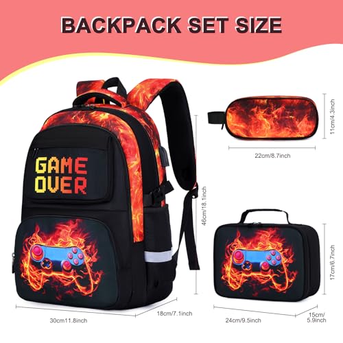 3PCS School Backpack for Boys, Cool Gamer Boys Backpack with Lunch Box and Pencil Case for Kids Kindergarten Teens Elementary Middle School Bag with Convenient Charging Port,Gaming Bookbag Waterproof - color: Red Flame
