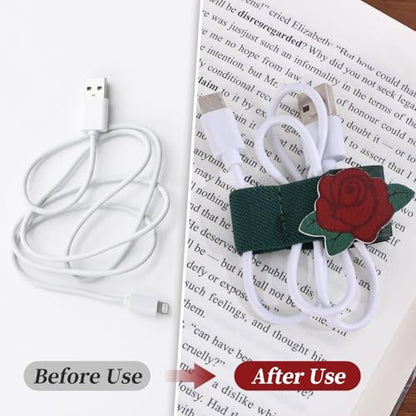 2 PCS Cord Organizer,Cord Keeper,Cable Organizer USB Holder,Cable Straps,Earbud case,wrap Headphone,Headset Winder,Earphone Clips Ties,stocking stuffers Gifts for Women Leather Rose - style: Rose