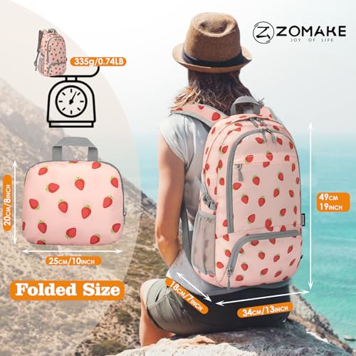 ZOMAKE Lightweight Packable Backpack 30L, Foldable Hiking Backpacks Water Resistant Compact Folding Daypack for Travel(Strawberry print) - color: Strawberry Print