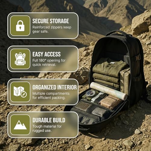 Tactical Hiking Backpack with 180° Open Design, Molle Webbing, Padded Laptop Compartment, Lightweight for Outdoor Adventures (black) - color: Black