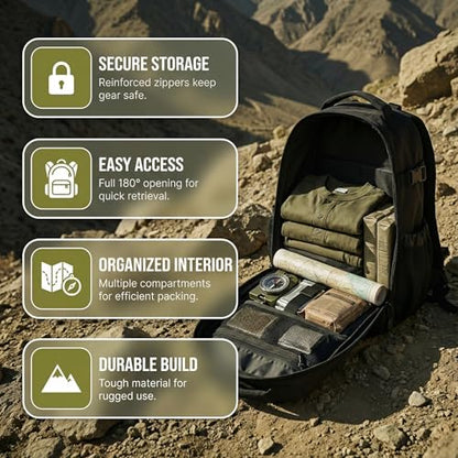 Tactical Hiking Backpack with 180° Open Design, Molle Webbing, Padded Laptop Compartment, Lightweight for Outdoor Adventures (black) - color: Black
