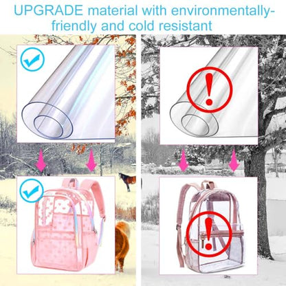 gxtvo 3PCS Transparent Backpack Heavy-Duty Set for Women & Teen Girls, 17" Pink Clear Bookbag with Rainbow Strap, Cute Love See Through School Bag - color: Pink Love Accents Clear Backpack Set