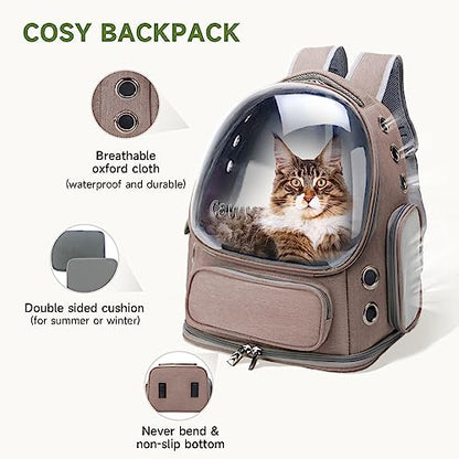 Cawypety Cat Backpack Carrier, Breathable Cat Carrier Large Space Bubble Pet Backpack for Kitty Small Dog up to 15lbs, Transparent & Foldable Pet Carrier for Travel Hiking - color: Khaki