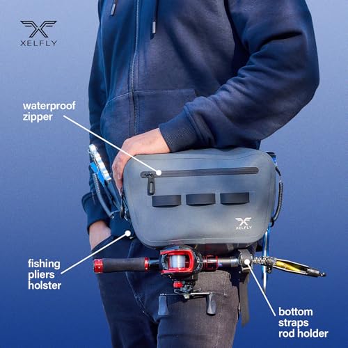 Xelfly Waterproof Fishing Waist Bag with Rod Holder, Padded Waist Straps & Gear Loops - Submersible Zipper, Rugged Top Handle, Adjustable Attachments (Gray) - color: Gray, size: Waist Bag