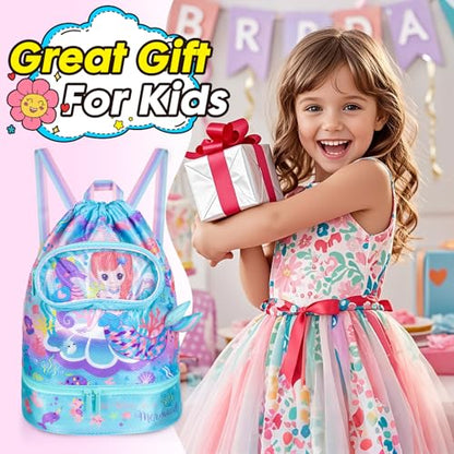 Drawstring Backpack for Kids Girls, Cute Cartoon Mermaid Waterproof Drawstring Bag String Swim Gym Sports Beach Bag with Shoes & Sunglasses Compartment and Wet Proof Pocket - color: J14. Mermaid