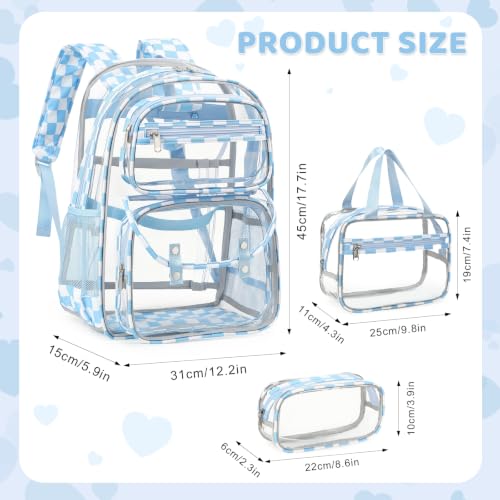 ACESAK Clear Backpack for Girls - 3 Pcs Clear Backpack Heavy Duty with Lunch Bag - See Through Bookbag Stadium Approved for Kids Middle High College School(Blue Checkerboard) - color: Blue Checkerboard