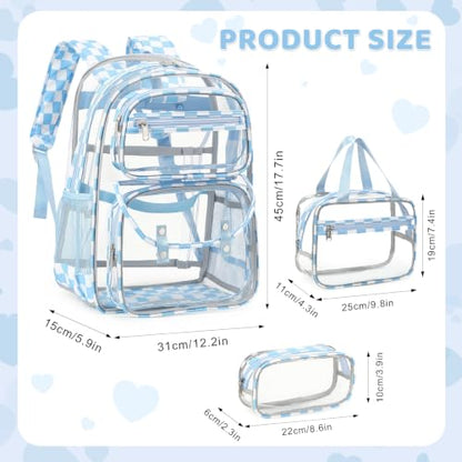 ACESAK Clear Backpack for Girls - 3 Pcs Clear Backpack Heavy Duty with Lunch Bag - See Through Bookbag Stadium Approved for Kids Middle High College School(Blue Checkerboard) - color: Blue Checkerboard