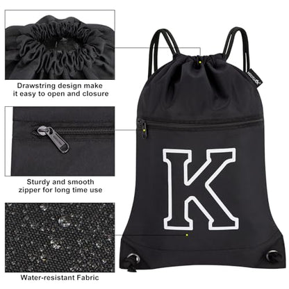 HOLYLUCK Drawstring Bags Initial Backpack Sackpack Cinch Bags for Sports, Gym, Travel, Beach(Black-K) - color: Black-k