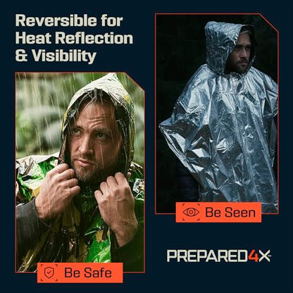 PREPARED4X Emergency Mylar Poncho – Survival Rain Poncho with Hood – Lightweight, Compact, Reusable Emergency Blanket Poncho for Hiking, Camping, Thermal Gear, Car Kit, Outdoors - color: Green Camo 4-pack