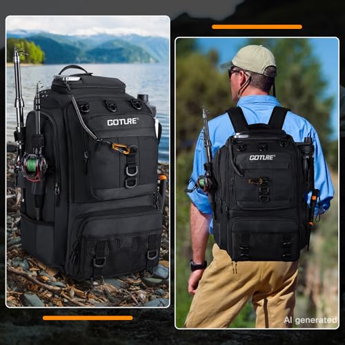 Goture 40L Fishing Tackle Backpack with Cooler Compartment Black, Water-Resistant Fishing Gear Bag & Rain Cover & 3600 Trays - color: Black, size: C - Includes 2 3600 trays with handles