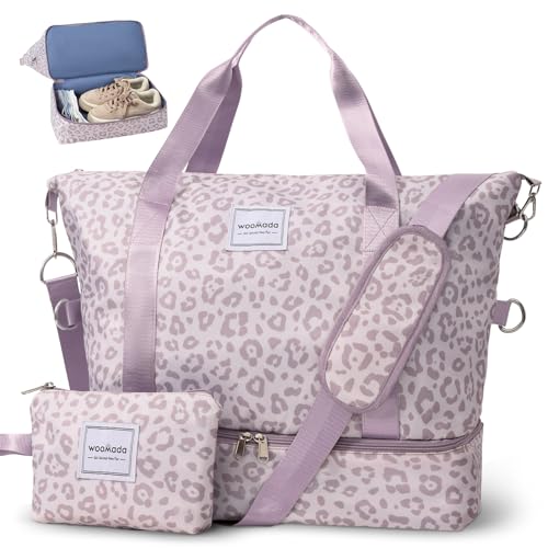 WOOMADA Weekender Bag for Women, Travel Duffel Bags with Shoe Compartment & Wet Pocket, Personal Item Bag for Airlines - color: Brown Leopard
