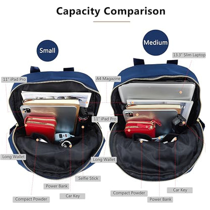 M-ioi-M Small Backpack Purse for Women, Fashion Nylon Daypack with Gold Hardware, Lightweight Water-Resistant Casual Commuting Bag for Work, College, City Walks, Fits up to 12" Tablet(Navy Blue,Small) - color: Navy Blue,small