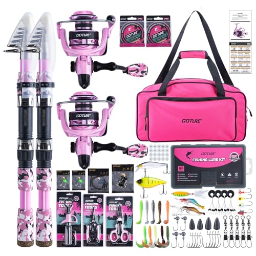 Goture Pink Fishing Rod and Reel Combo - ML Action Spinning Reel Pole with Pink Bag - Telescopic Rod Kit for Starter Travel Saltwater Freshwater, Gift for Woman - color: 2 Pink Poles - Duffle Bag without Bottle Opener, size: 8FT/2.4M