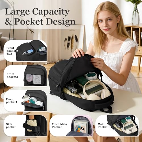 Black Backpack for School Teens Boys Girls, Large Capacity School bag for Men Women, Cute Bookbag for Students, Lightweight College backpack with lots of pockets - color: Black