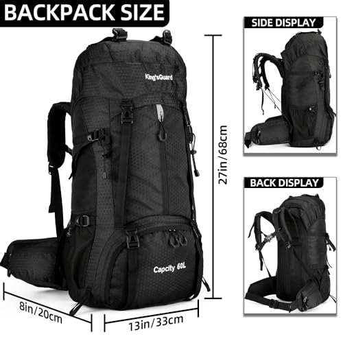 King'sGuard 60L waterproof lightweight hiking backpack with rain cover and shoe compartment outdoor sports travel backpack - color: Black