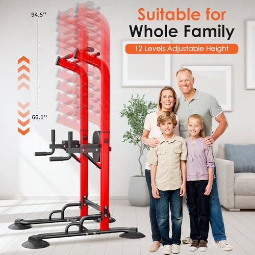 soges Power Tower Pull Up Bar Station, Dip Station for Home Gym, Height Adjustable Heavy Duty Strength Home Training Fitness Workout Equipment - color: Red-Bands