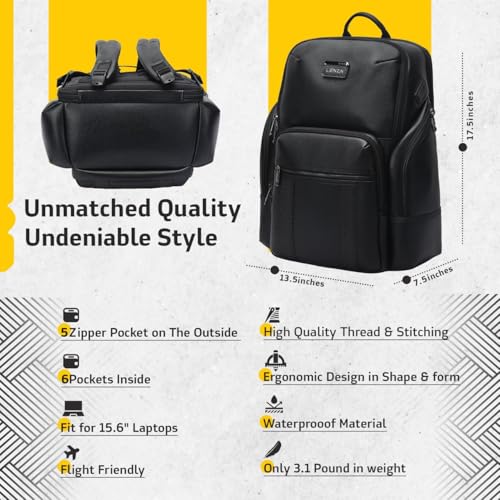 LENZN Durable Leather Laptop Business Backpack Perfect for Men & Women, Work Backpack Fits 15.6 Inch, Premium Quality Travel Bag with USB Charging Port, Water-Resistant, Bookbag with Multiple Pockets