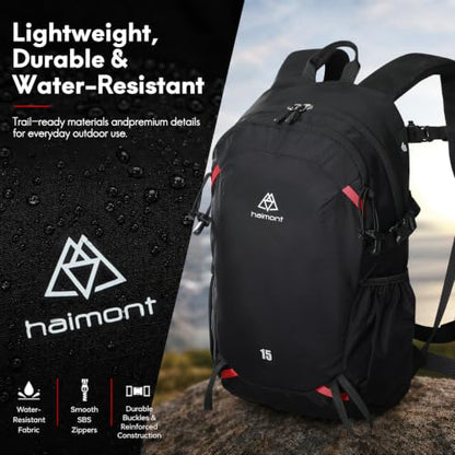 Haimont 15L Lightweight Hiking Daypack, Black | 1.19 lb Carry, Hydration Sleeve, Trekking Pole Loops, Breathable Back Panel, Whistle - color: Black