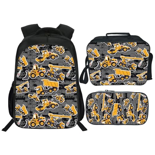 Construction Backpack Kids Excavator Bookbag 16inch Schoolbag With Lunch Box Bag And Pencil Case Set For Boys Girls - color: Construction
