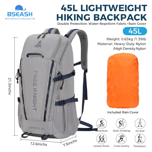 Bseash 45L Waterproof Hiking Camping Backpack with Rain Cover, Outdoor Sport Travel Bag Daypack for Climbing Skiing Cycling (Gray) - color: Gray