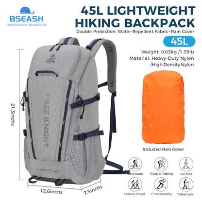 Bseash 45L Waterproof Hiking Camping Backpack with Rain Cover, Outdoor Sport Travel Bag Daypack for Climbing Skiing Cycling (Gray) - color: Gray