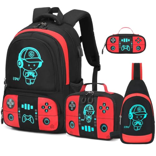 Bevalsa Backpack for School Boys, Cool Luminous Gamer Boys Schoolbag with Sling Bag,Lunch Box & Pencil Case for Kids Children Teens Elementary Middle School(Red Backpack with Shoulder Bag) - color: Red, style: Backpack With Shoulder Bag