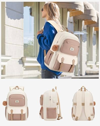 School Backpack for Teen Girls, Aesthetic Schoolbag for Middle School High School, Cute Laptop Bookbag for College Women Students Mochilas Niñas, Khaki Beige
