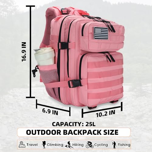 Lovelinks21 25L Tactical Backpack for Men and Women Military Backpack Small Assault Pack Molle Backpack Bug Out Bag Travel Rucksack Daypack (Pink) - color: Pink