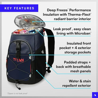 Titan by Arctic Zone Backpack Cooler, Insulated Soft Sided Bag with Leak Proof Lining and Padded Straps, for Lunch, Picnic, and Travel, 24 Can Capacity - color: Blue