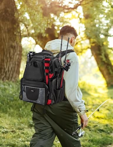 Piscifun Fishing Tackle Backpack with 2 Rod Holders, 4 Boxes & Rain Cover - color: Black