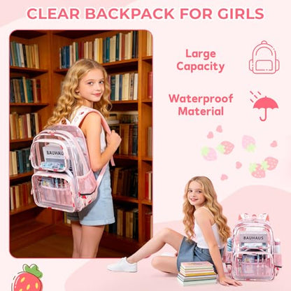 Sisipoet Clear Backpack for Girls with Strawberry Print, Heavy Duty Transparent Bookbag for School, Stadium, and Concert, Pink - color: Pink/Strawberry