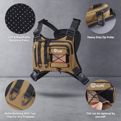 CVLIFE Outdoor Chest Bag for Men, Tactical Chest Pack, Adjustable Running Vest Bag, Lightweight Anti-theft EDC Rig for Hiking - color: Khaki