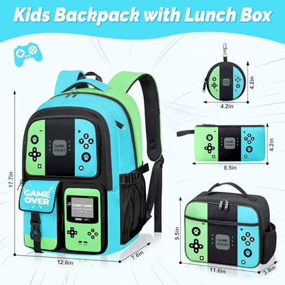 Gamer Backpack for Boys, 4pcs Gaming Boys Backpack with Lunch Box and Pencil Case for Kids, Video Gamer School Bags - color: Green
