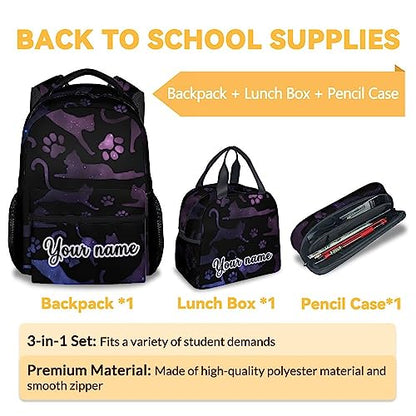 Personalized Cat Backpack with Lunch Box and Pencil Case, 16 Inch Cat Theme Bookbag with Adjustable Straps, Durable, Lightweight, Large Capacity, School Backpack for Girls Women - color: Color-2-3
