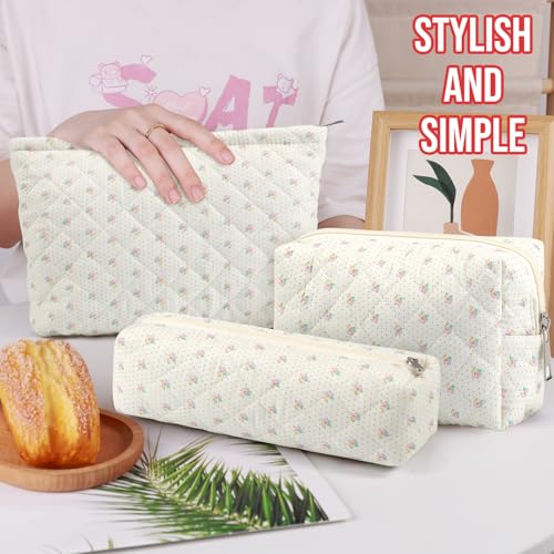 3 Pcs Makeup Bag Cosmetic Bag Set for Girls Women Checkered Travel Organizer Bathroom Toiletry Pouch Large Capacity Storage Bag(Small Flower Blue) - color: Small Flower Blue