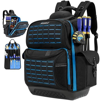BLISSWILL Tool Bag Backpack for men,Heavy Duty Tool Backpack Bag with Waterproof Molded Base，62 Pockets/40 Loops Heavy Duty Tools Organizer Bags/Electrician/Industrial/Construction Work Backpack - color: Black