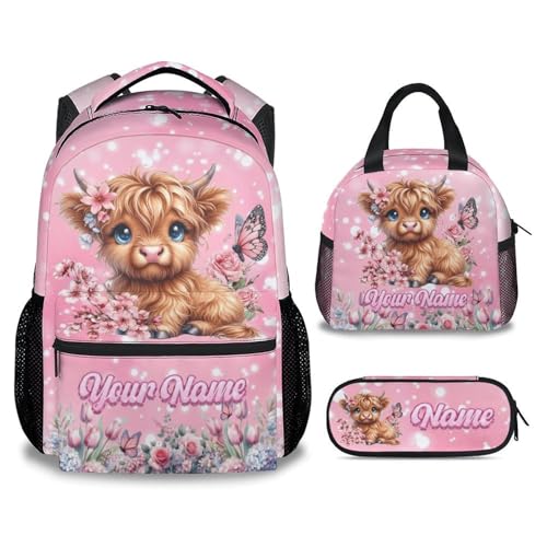 Mercuryelf Personalized Backpack for Girls Highland Cow 3PCS Kids Backpack Set with Lunch Bag & Pencil Case, 17 Inch School Bookbag for Elementary Kindergarten - color: Red