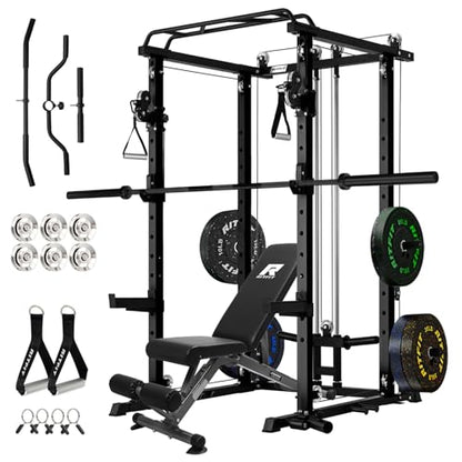 RitFit Multi-Function Garage & Home Gym Package Includes 1200LBS Power Cage PPC03/P3 with Cable Crossover System, Weight Bench, Olympic Barbell Weight Set, Full Body Workout - color: Black, style: Package 1.5K (with FBP 230lbs Plates)