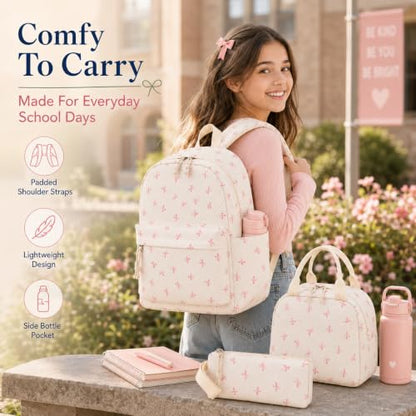 Bluboon School Backpack Set Girls Womens Laptop Bookbag Casual Daypack Fits 15 inch Laptop with Lunch Tote Bag and Pencil Bag - color: Pink Bow Polka Dot Beige