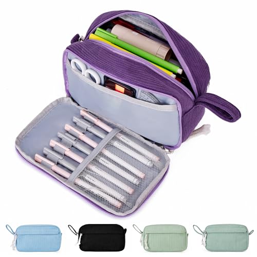 Big Capacity Pencil case,Soft Corduroy Pencil Bag with 3 Compartment,Pencil Pouch School Supplies Cute Pencile Box for Teen Girls Boys College - color: Purple