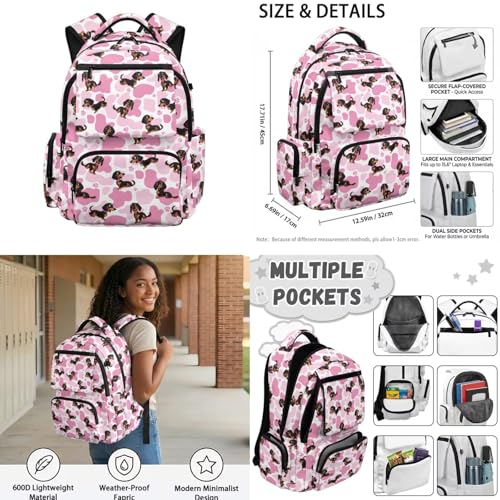 Pink Dachshund Backpack for Girls Kids School Backpacks with Lunch Box Water Bottle Pouch and Pencil Case 4 Pieces Preschool Backpack Girls Bookbag Ages 8-10 Large Capacity School Bags - color: Pink Dachshund