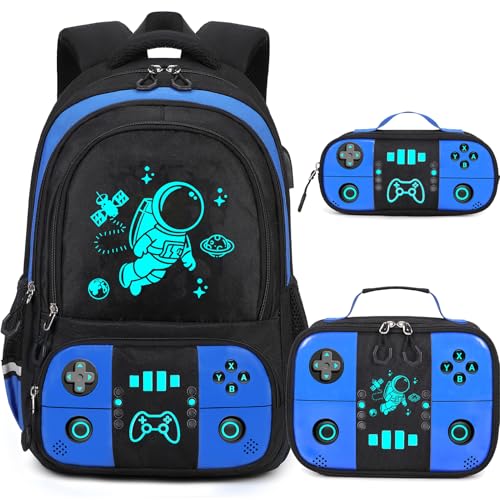 Bevalsa Backpack for School Boys, Cool Luminous Gamer Boys Schoolbag with Lunch Box & Pencil Case Set for Kids Teens Elementary Middle School, Bookbag Glow In The Dark(Blue Astronaut Backpack) - color: Blue Astronaut, style: Backpack