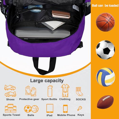 Goloni Soccer Backpack,Basketball Backpack with Ball Compartment & Shoe Compartment,Backpack for Basketball,Soccer - color: Purple